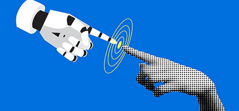 Collage with halftone human hand touching robot hand. Machine learning